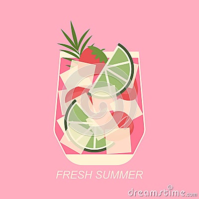 Summer cocktail in short glass with strawberry, lime and ice cubes. Cartoon Illustration